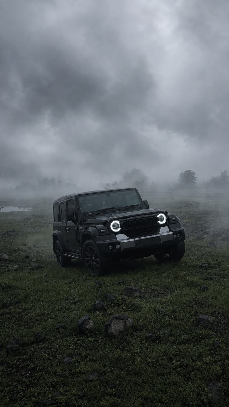 A black Mahindra Thar Roxx with its round headlights on, parked on a grassy field under fog